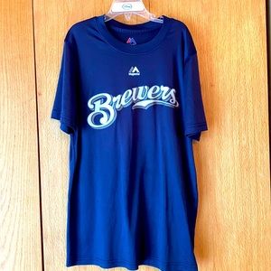 Milwaukee Brewers Baseball Majestic MLB navy blue youth Large tee shirt 36” VGUC